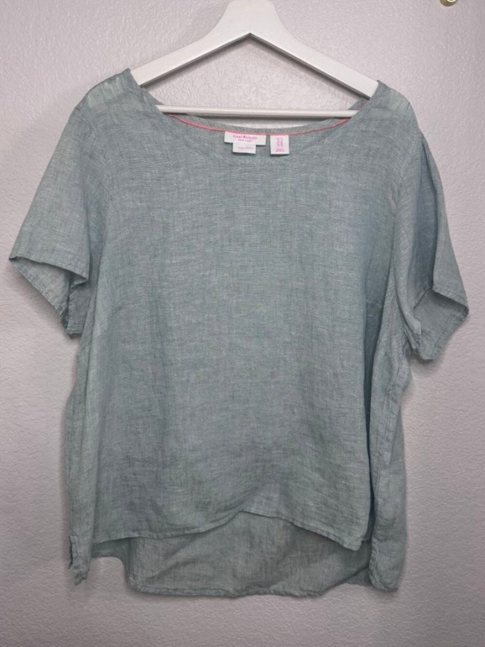 Linen Isaac Mizrahi New York Pale Blue-Green Short Sleeve Top - Plus Size 1X